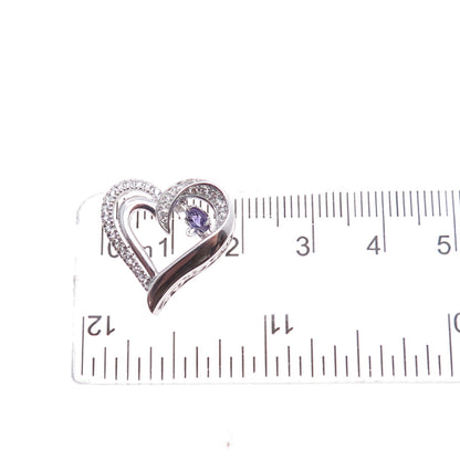 925 Sterling Silver Real White Topaz & Amethyst Heart Mini Slide Charm Pendant