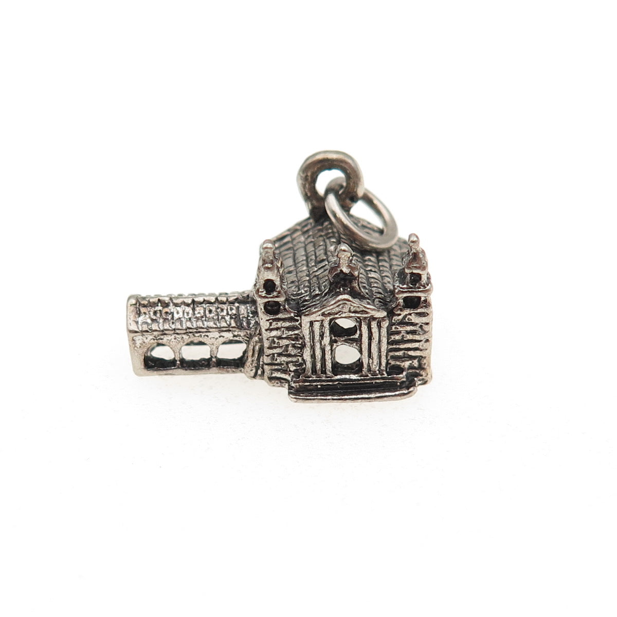 925 Sterling Silver Vintage Old Church Oxidized Mini 3D Charm Pendant