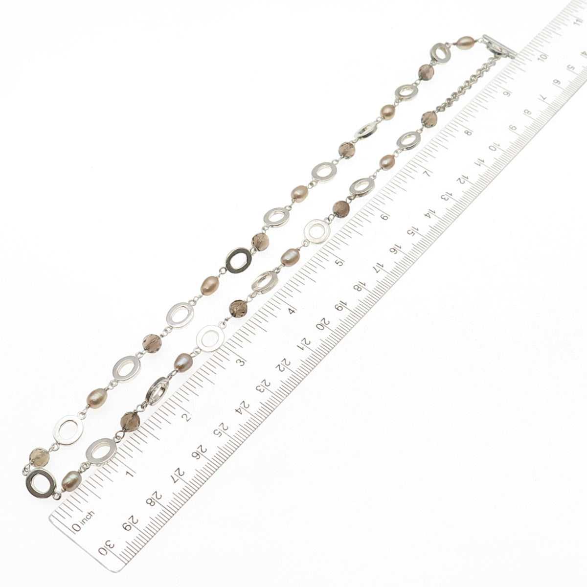 925 Sterling Silver Vintage Real Pearl & Smoky Quartz Beaded Chain Necklace 20"