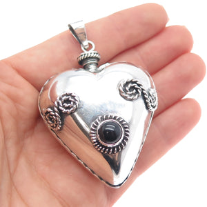 925 Sterling Silver Vintage Mexico Real Black Onyx Heart Perfume Bottle Pendant