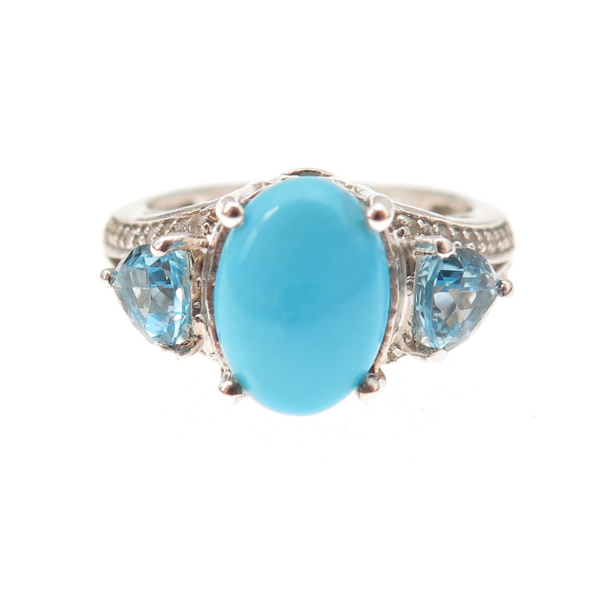 Chuck Clemency 925 Sterling Real Turquoise Blue & White Topaz Ring Size 8.25