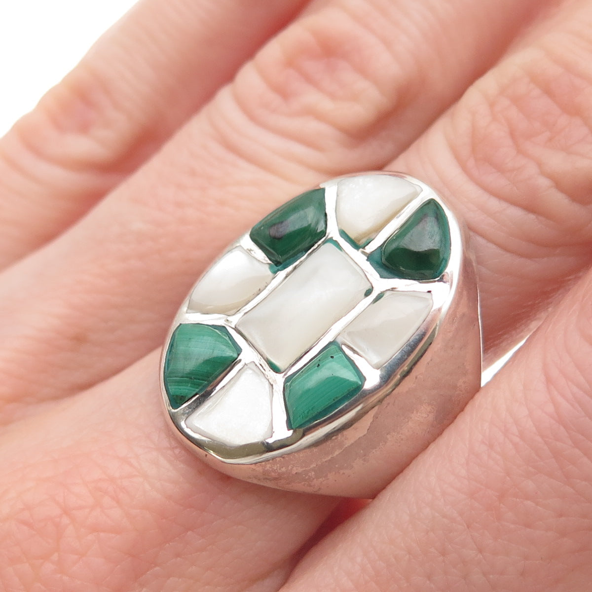 Old Pawn 925 Sterling Silver Vintage Southwestern MOP & Malachite Ring Size 10