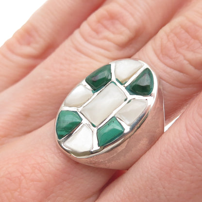 Old Pawn 925 Sterling Silver Vintage Southwestern MOP & Malachite Ring Size 10