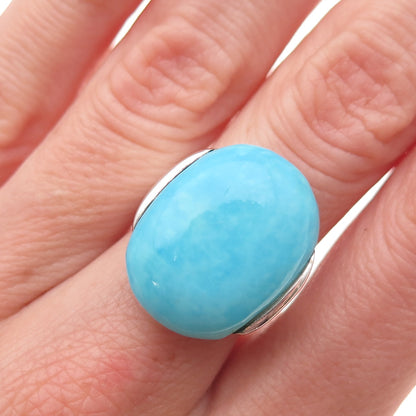 925 Sterling Silver Vintage Real Turquoise Modernist Ring Size 6.75