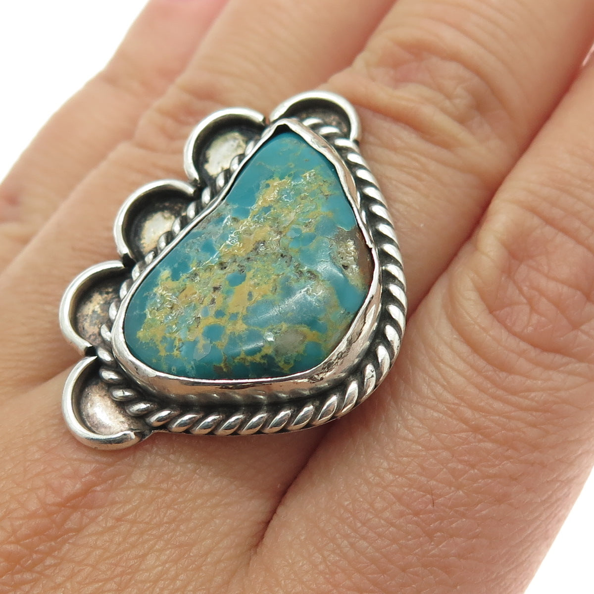 Old Pawn 925 Sterling Silver Vintage Kingman Turquoise Bear Paw Ring Size 7.75