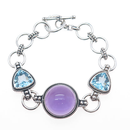 SAMUEL BENHAM Sterling Silver Vintage Real Amethyst & Blue Topaz Bracelet 7.25"