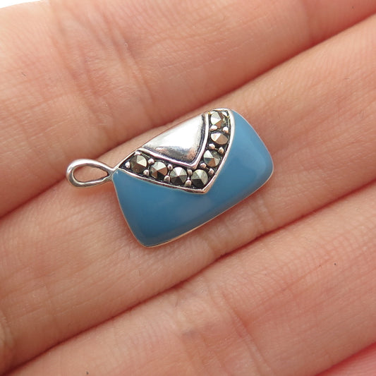 925 Sterling Silver Vintage Enamel Real Marcasite Ladies Purse Mini Pendant