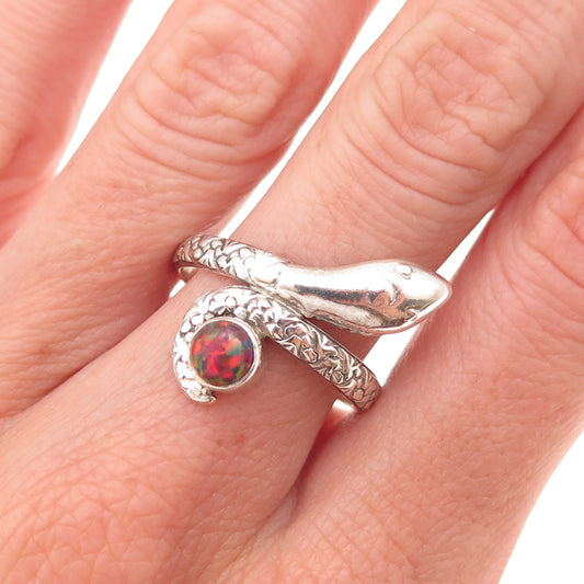 925 Sterling Silver Vintage Real Red Opal Snake Oxidized Ring Size 8.75