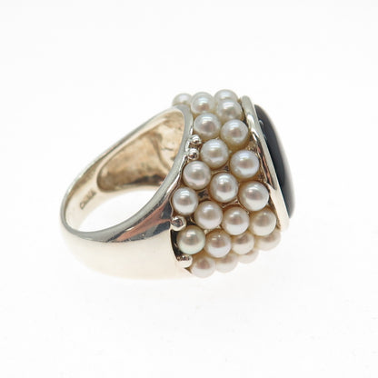 925 Sterling Silver Vintage Real Abalone Shell & Pearl Beaded Ring Size 8.5