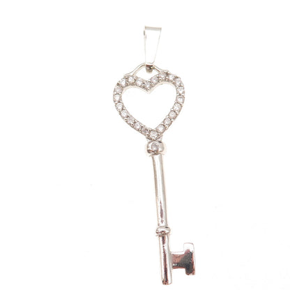 925 Sterling Silver Round-Cut C Z Heart Key Charm Pendant