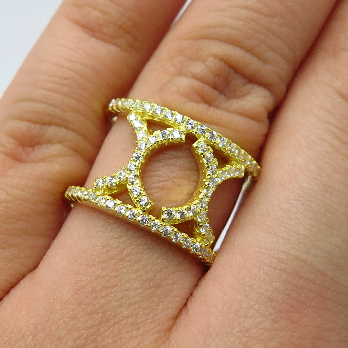 925 Sterling Silver Gold Plated C Z Wide Band Ring Size 6.25
