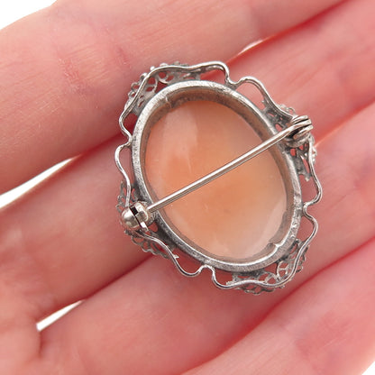 925 Sterling Silver Antique Art Deco Real MOP Lady Cameo Oxidized Pin Brooch