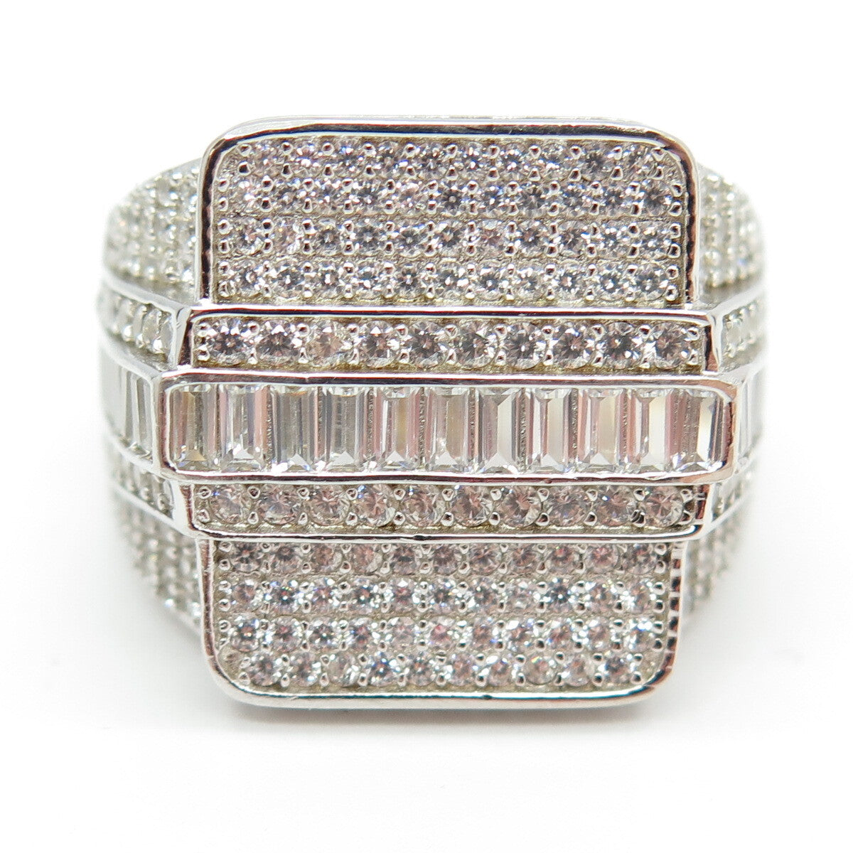 925 Sterling Silver Round & Baguette-Cut C Z Statement Ring Size 12