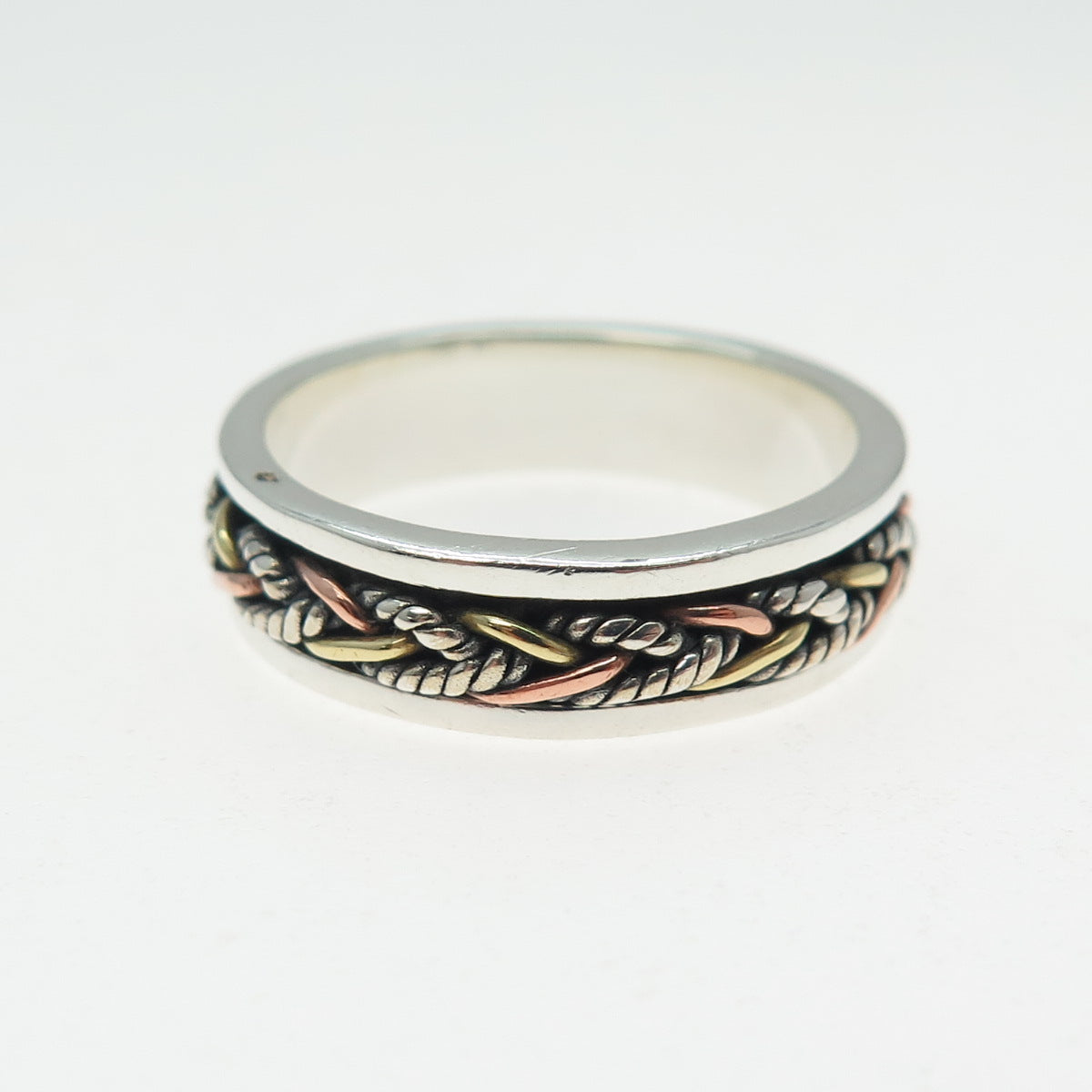 ENERGY STONE 925 Sterling Silver 3-Tone Vintage Braided Spinner Ring Size 7.5
