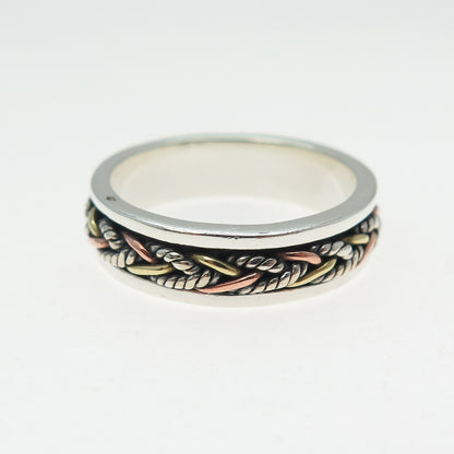 ENERGY STONE 925 Sterling Silver 3-Tone Vintage Braided Spinner Ring Size 7.5