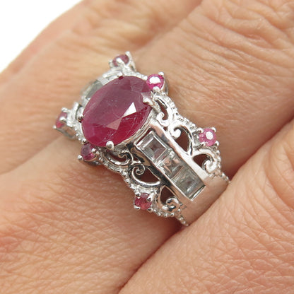 925 Sterling Silver Real Ruby & White Topaz Bohemian Ring Size 7