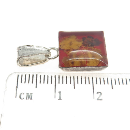 925 Sterling Silver Vintage Mexico Glass Pressed Flower Pendant
