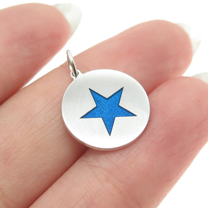 925 Sterling Silver Blue Enamel Star Round Tag Minimalist Charm Pendant