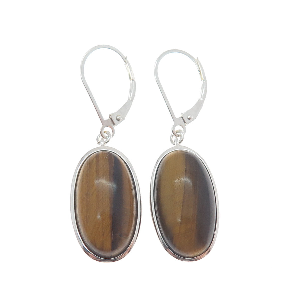 925 Sterling Silver Vintage Real Cabochon Tiger Eye Dangle Earrings