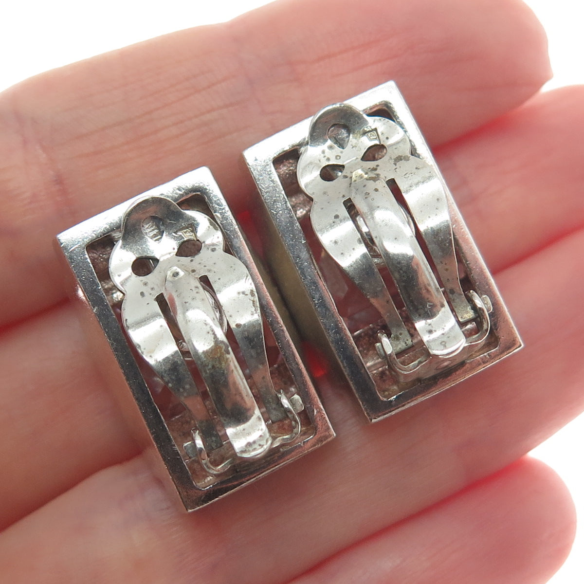 925 Sterling Silver Vintage Emerald-Cut C Z Clip On Earrings