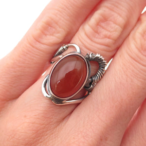 925 Sterling Silver Vintage Real Carnelian Modernist Oxidized Ring Size 4.5