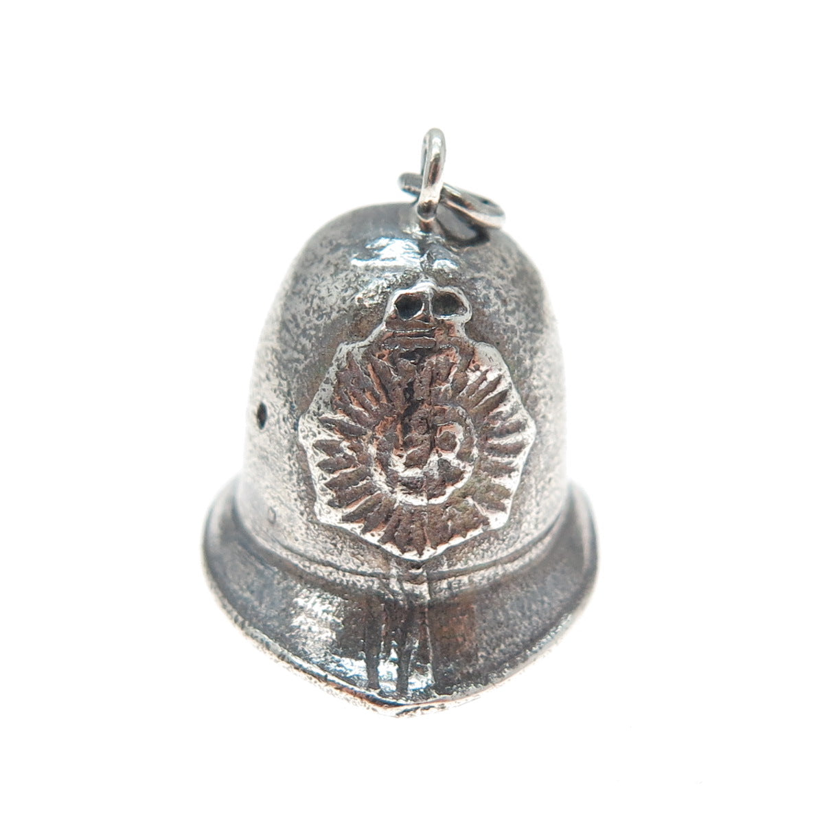 925 Sterling Silver Vintage Fireman Helmet Oxidized Minimalist 3D Charm Pendant
