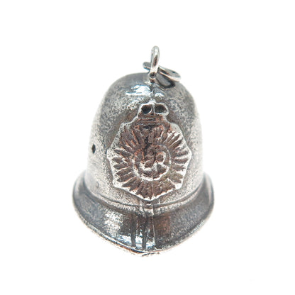 925 Sterling Silver Vintage Fireman Helmet Oxidized Minimalist 3D Charm Pendant