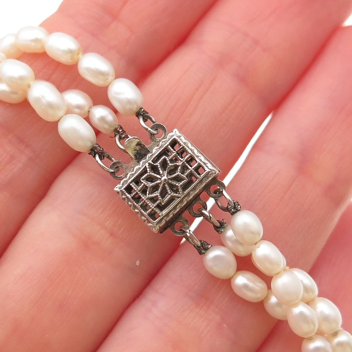 925 Sterling Antique Art Deco Real Baroque Pearl 3-Strand Beaded Necklace 16"