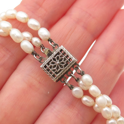 925 Sterling Antique Art Deco Real Baroque Pearl 3-Strand Beaded Necklace 16"
