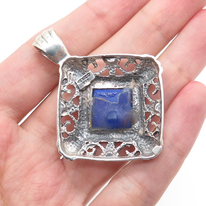 925 Sterling Silver Vintage Mexico Real Lapis Ornate Oxidized Charm Pendant