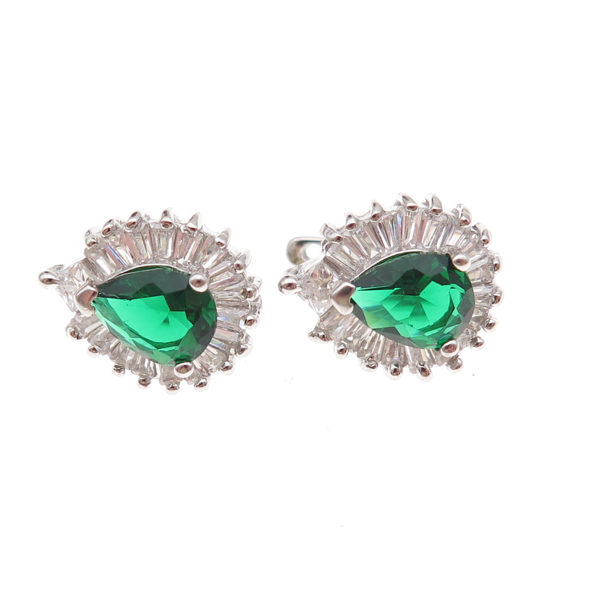 925 Sterling Silver Green & White C Z Teardrop Earrings