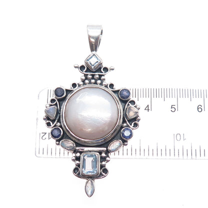 925 Sterling Silver Vintage Real Pearl Moonstone Iolite & Blue Topaz Pendant