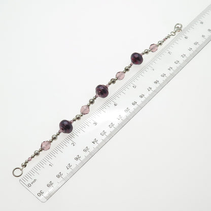 925 Sterling Silver Vintage Real Baroque Pearl & Crystal Beaded Bracelet 7.25"