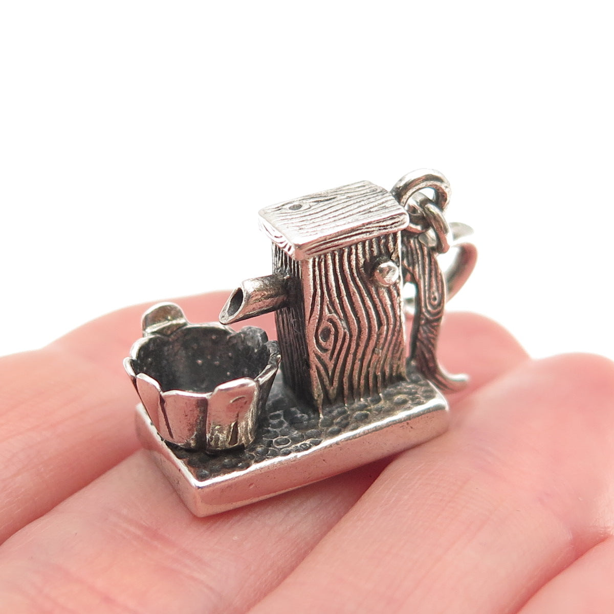 925 Sterling Silver Vintage Water Pump & Bucket Spring Ring Lock 3D Mini Pendant