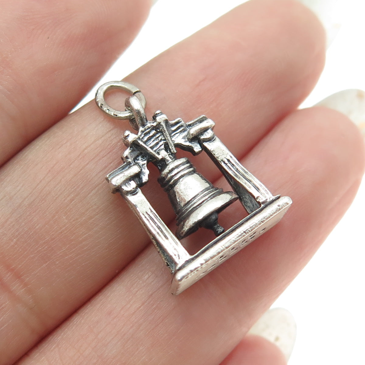925 Sterling Silver Antique Art Deco Liberty Bell 3D Pendant