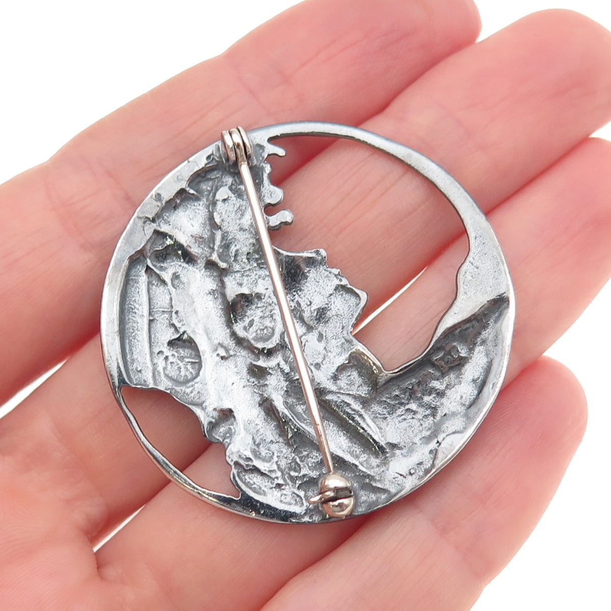 925 Sterling Silver Vintage Floral Lady Oxidized Pin Brooch