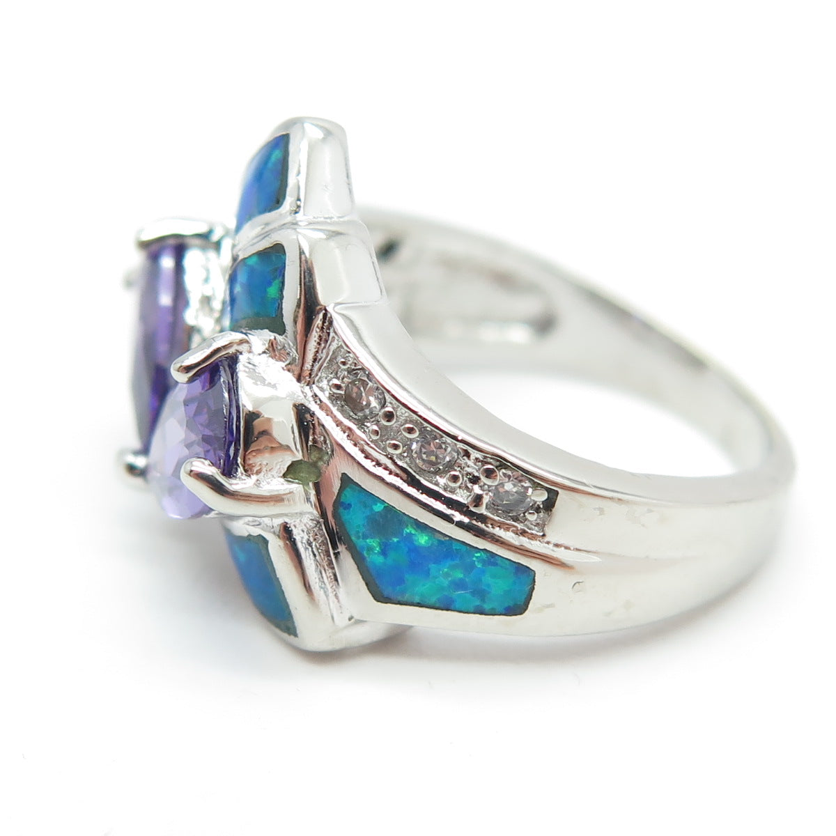 925 Sterling Silver Real Opal Amethyst & C Z Cocktail Ring Size 6