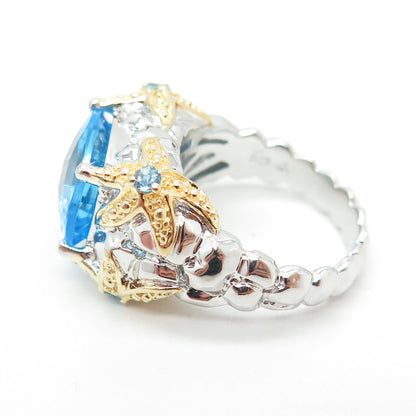 925 Sterling Silver 2-Tone Real Blue Topaz Gemstone Starfish Ring Size 7