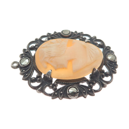 925 Sterling Silver Antique Art Deco Real Carved MOP & Marcasite Cameo Pendant