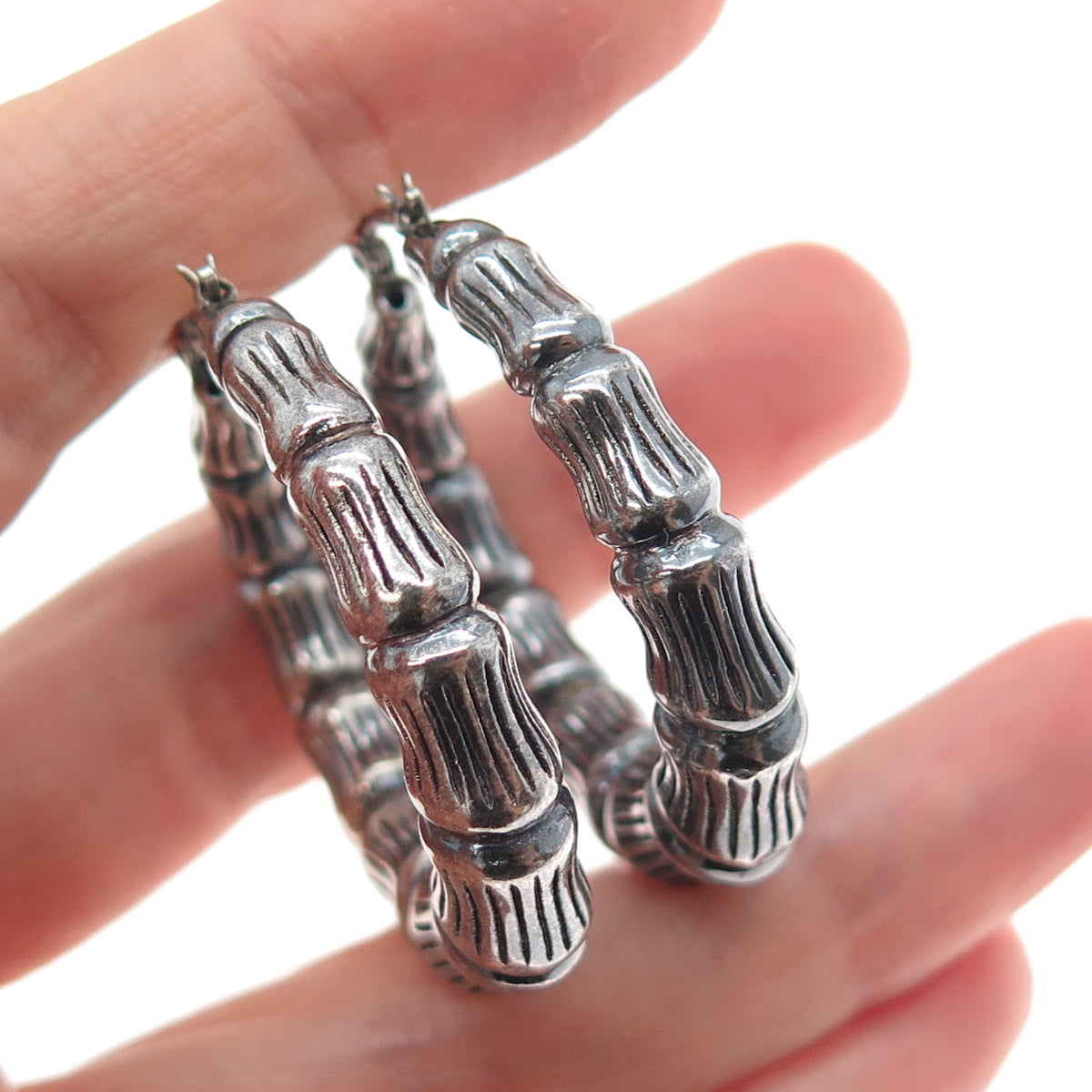 925 Sterling Silver Vintage Modernist Bamboo Oxidized Hoop Earrings