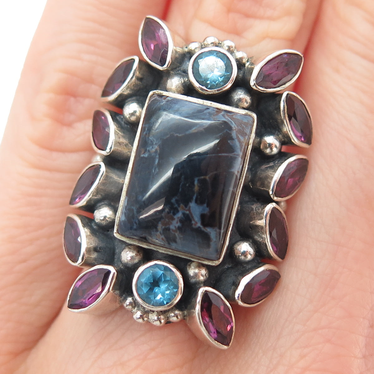 NICKY BUTLER Sterling Silver Vintage Sodalite Amethyst & Blue Topaz Ring Size 6