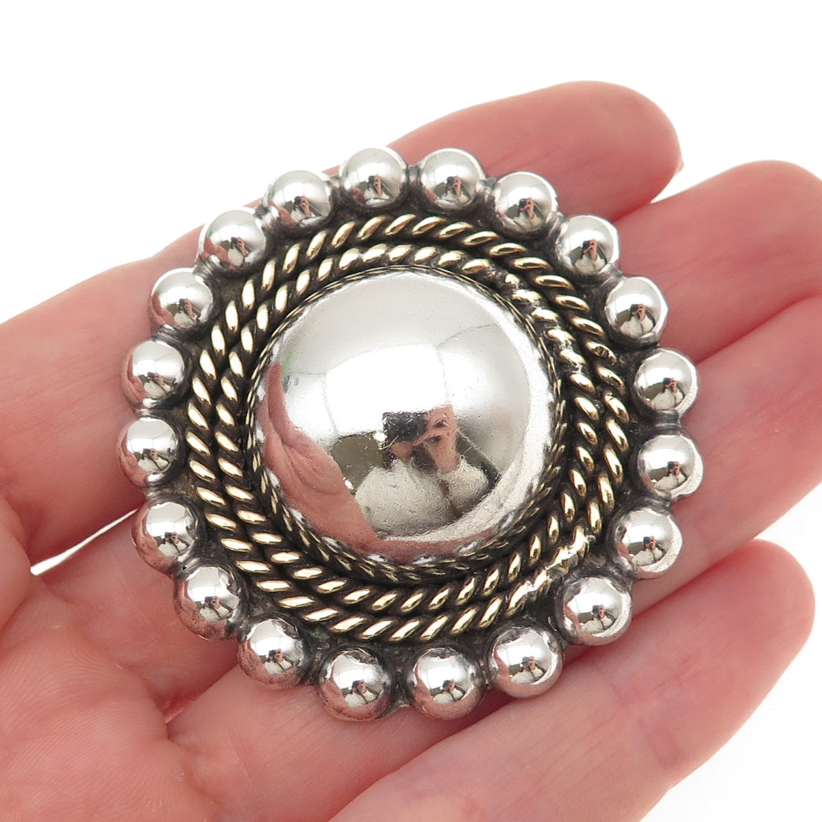 925 Sterling Silver 2-Tone Vintage Mexico Sun Beaded Oxidized Pin Brooch