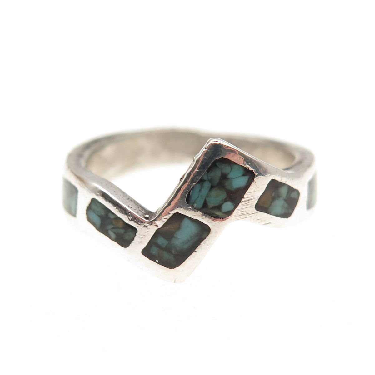 Old Pawn 925 Sterling Silver Vintage Turquoise Inlay Zig Zag Ring Size 3.75