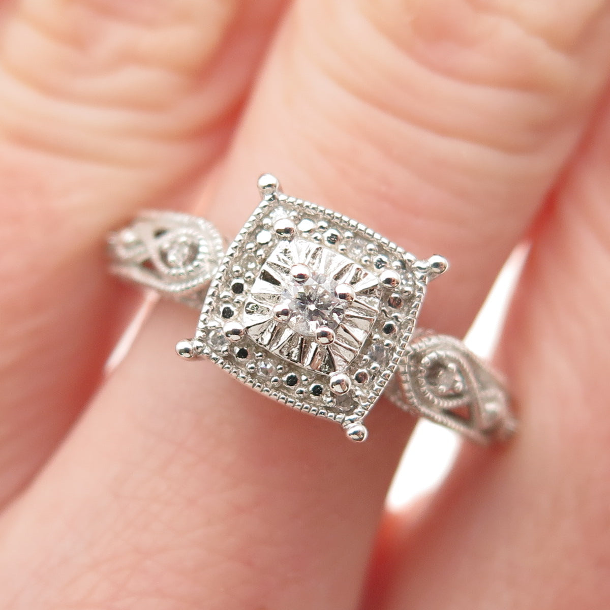 925 Sterling Silver Real Round-Cut Diamond Engagement Ring Size 7