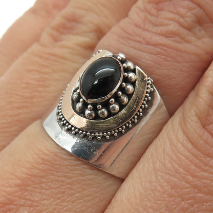 925 Sterling Silver 2-Tone Vintage Real Black Onyx Granulated Ring Size 8.5