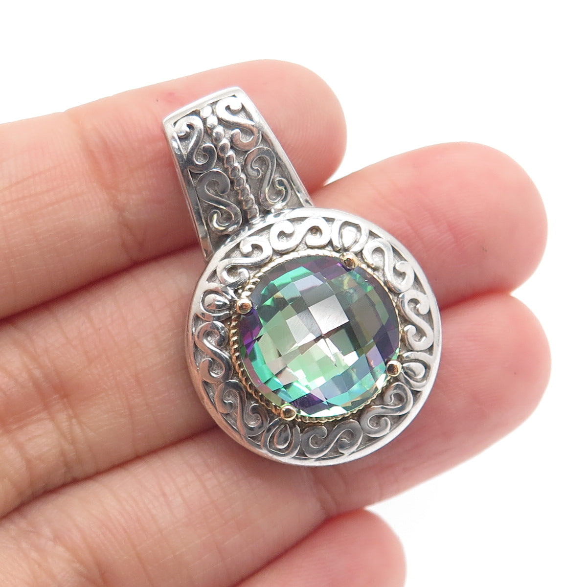 925 Sterling Silver & 14K Gold Real Round-Cut Mystic Topaz Ornate Pendant