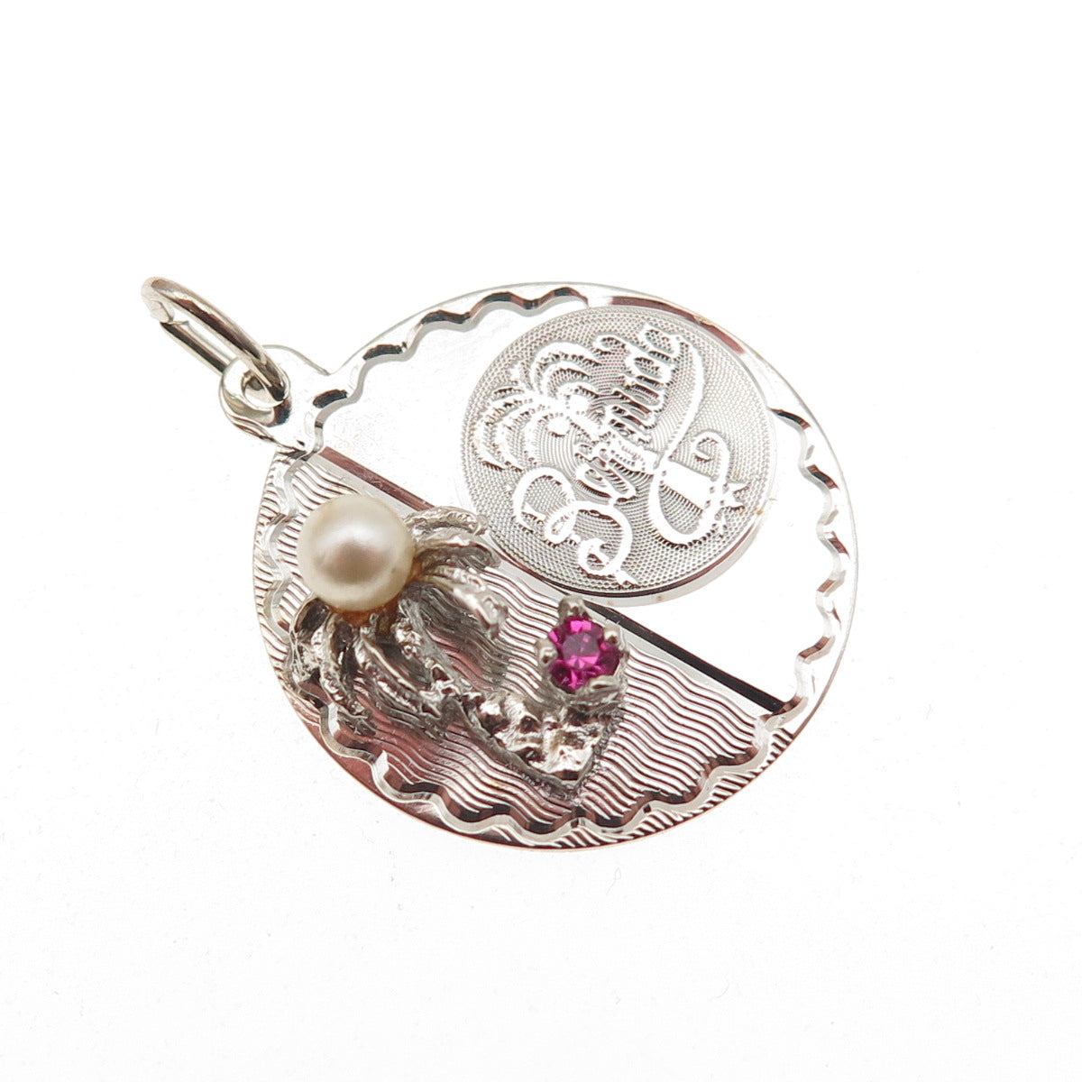 CREA 925 Sterling Vintage Rhinestone Faux Pearl Bermuda Palm Tree Charm Pendant