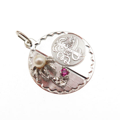 CREA 925 Sterling Vintage Rhinestone Faux Pearl Bermuda Palm Tree Charm Pendant