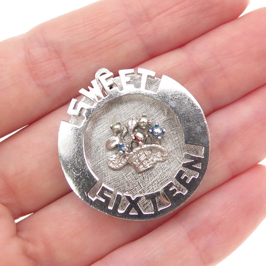 925 Sterling Silver Vintage Multi-Color Rhinestone Sweet 16 Charm Pendant