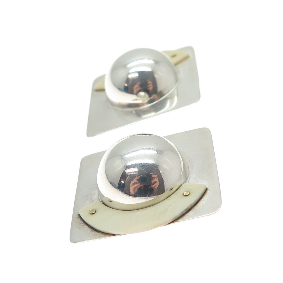 925 Sterling Silver & 14K Yellow Gold Vintage Modernist Clip On Earrings